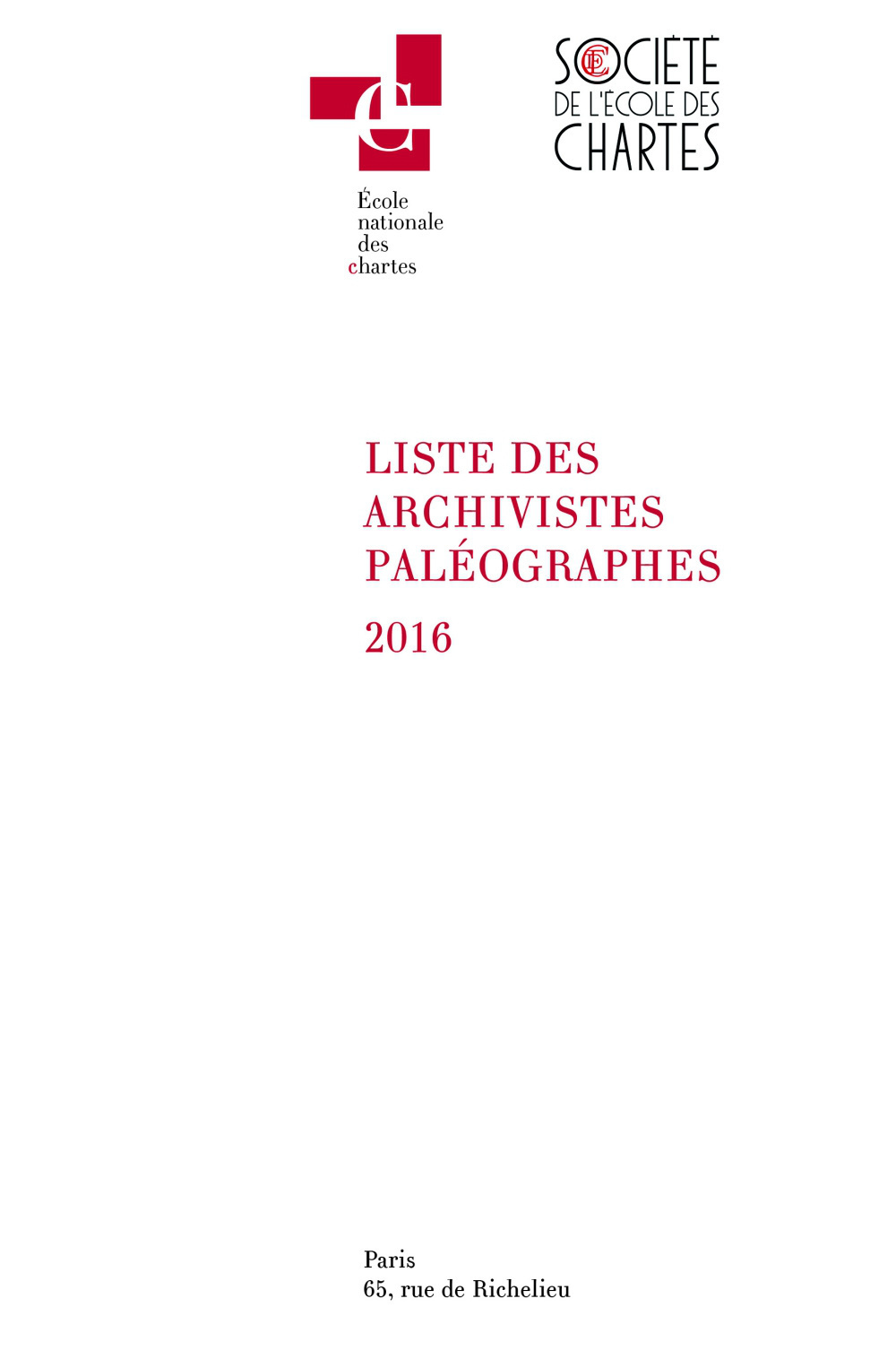 Couverture de la Liste des archivistes paléographes 2016