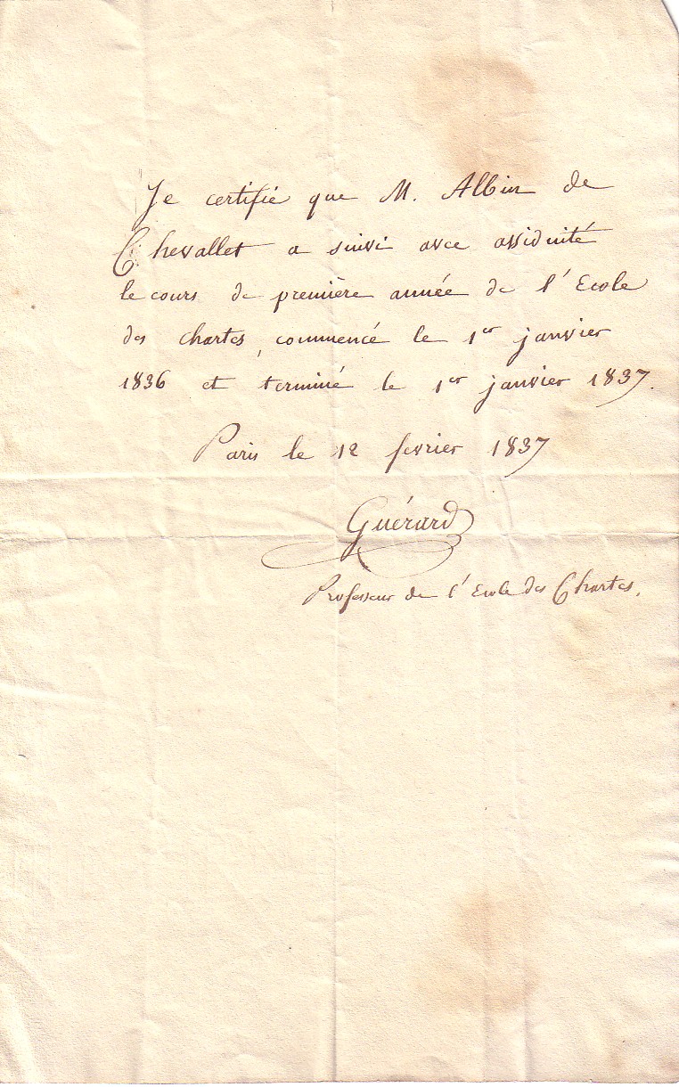 Certificat de l'École des chartes du baron Albin d'Abel de Chevallet