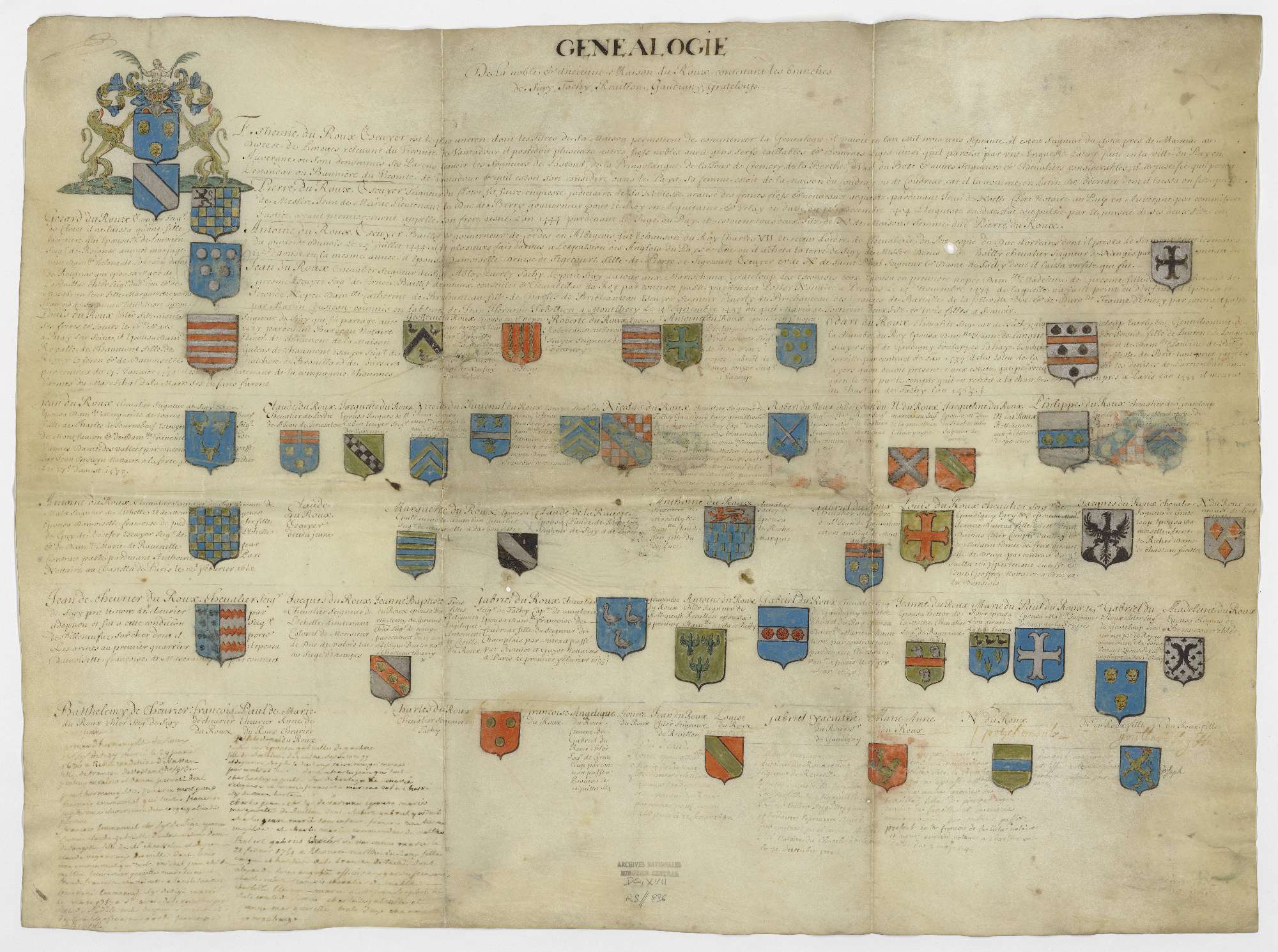 Généalogie armoriée des familles de La Motte et Du Roux, dressé au début du XVIIe siècle et remontant au XIVe siècle 