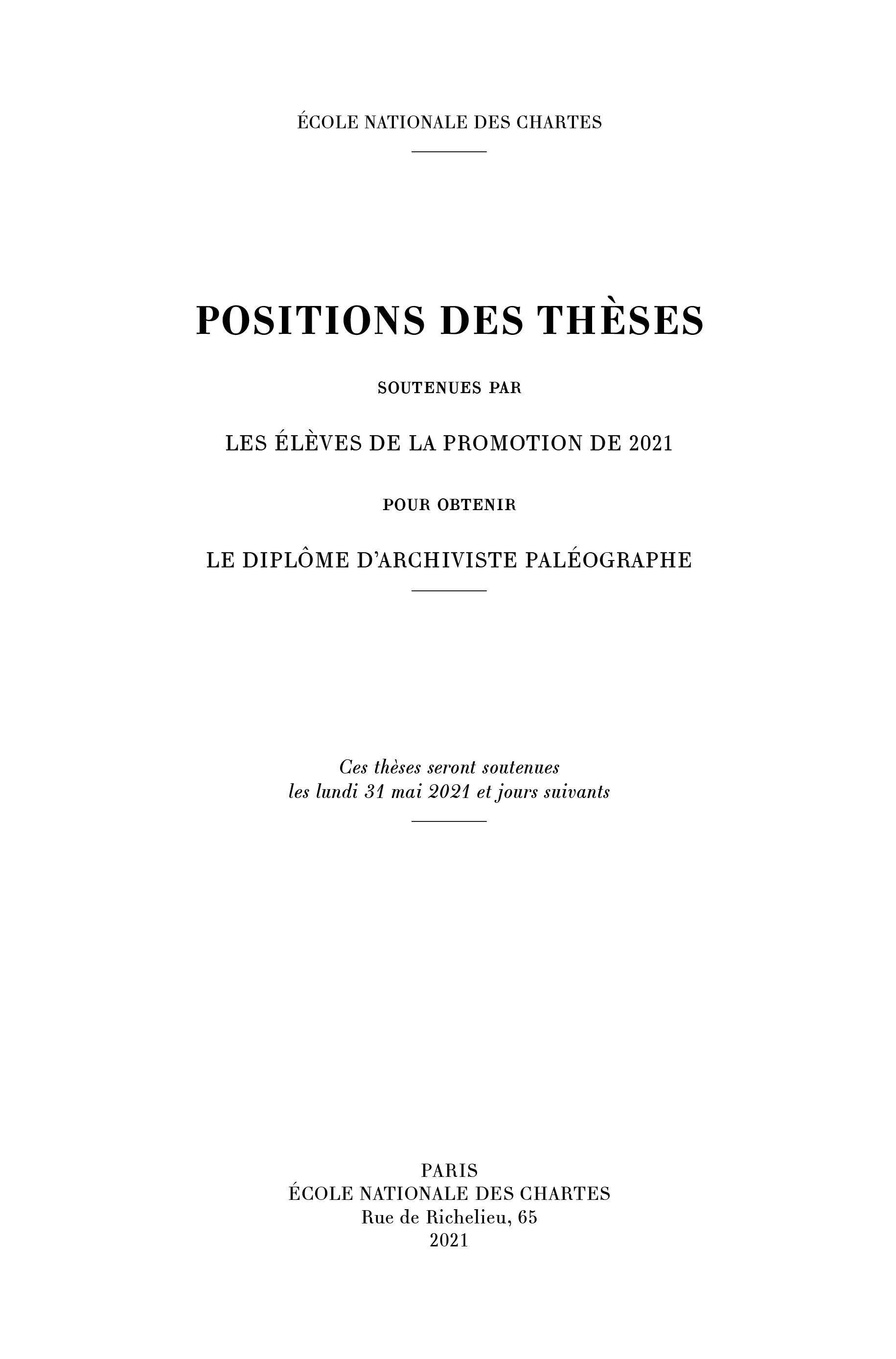 Couverture des Positions des thèses 2021