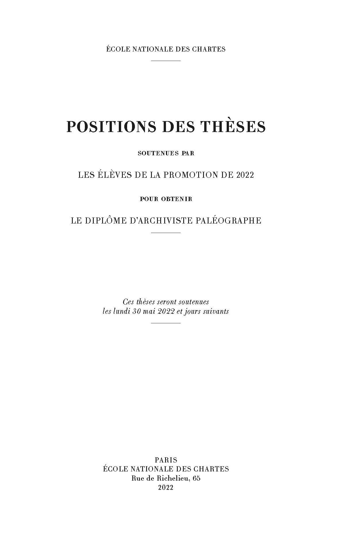 Couverture des Positions des thèses 2022