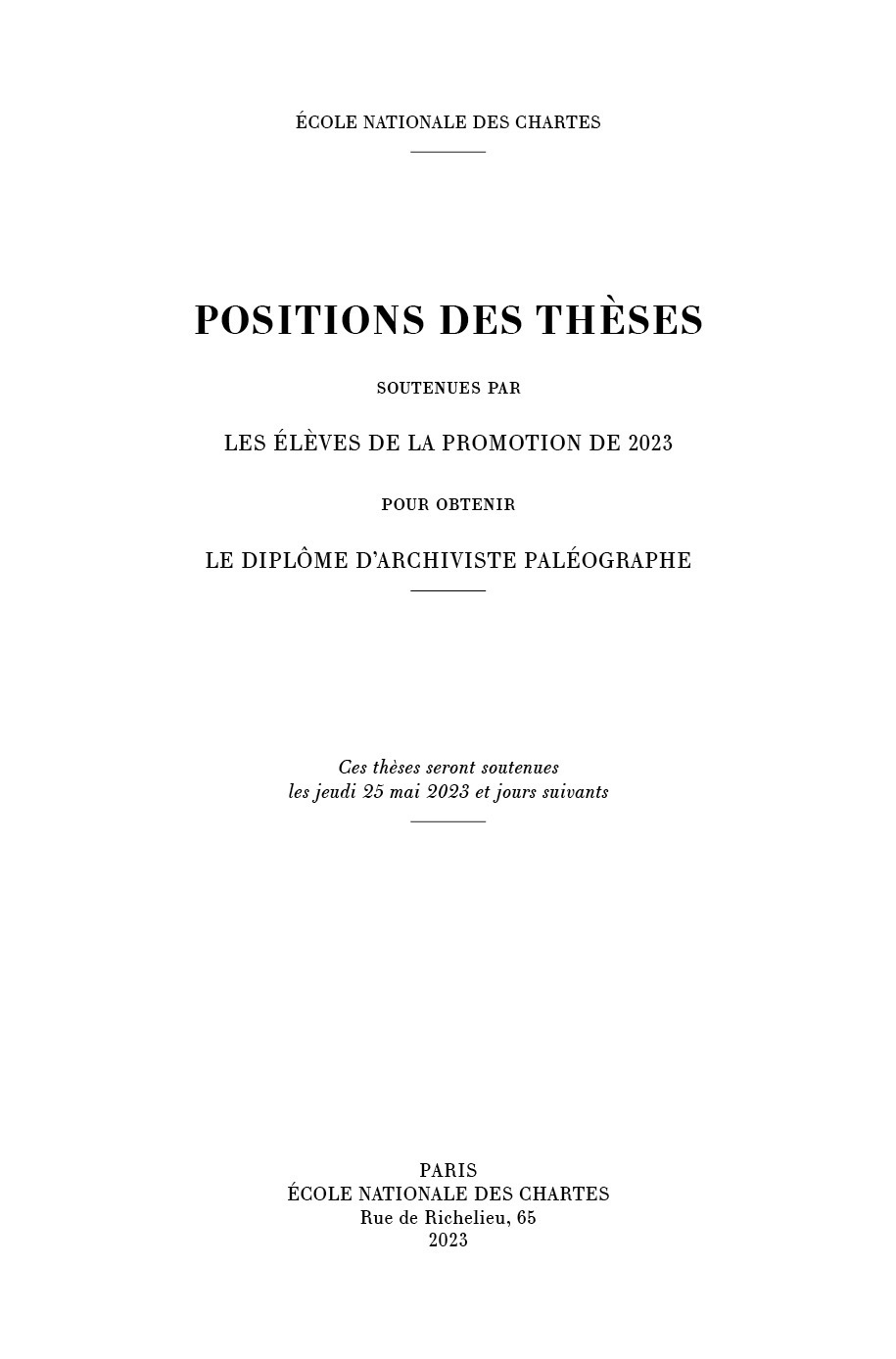 Couverture des Positions des thèses 2023