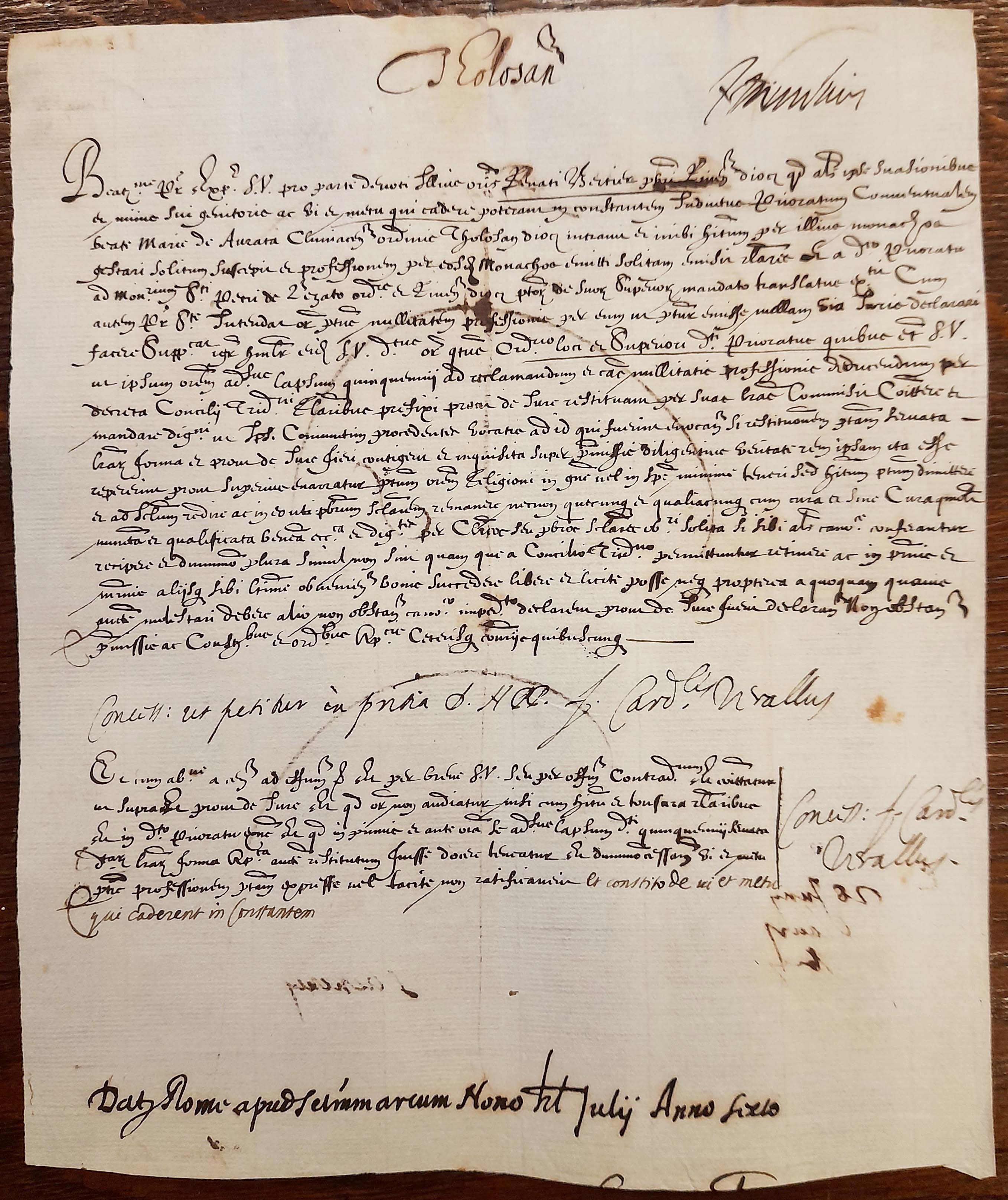 Supplique d’un bénéficier du diocèse de Toulouse, signée à Rome le 24 juin 1578 (Archives nationales, M 881)