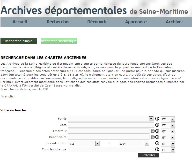 Copie d'écran du site web des Archives départementales de la Seine-Maritime