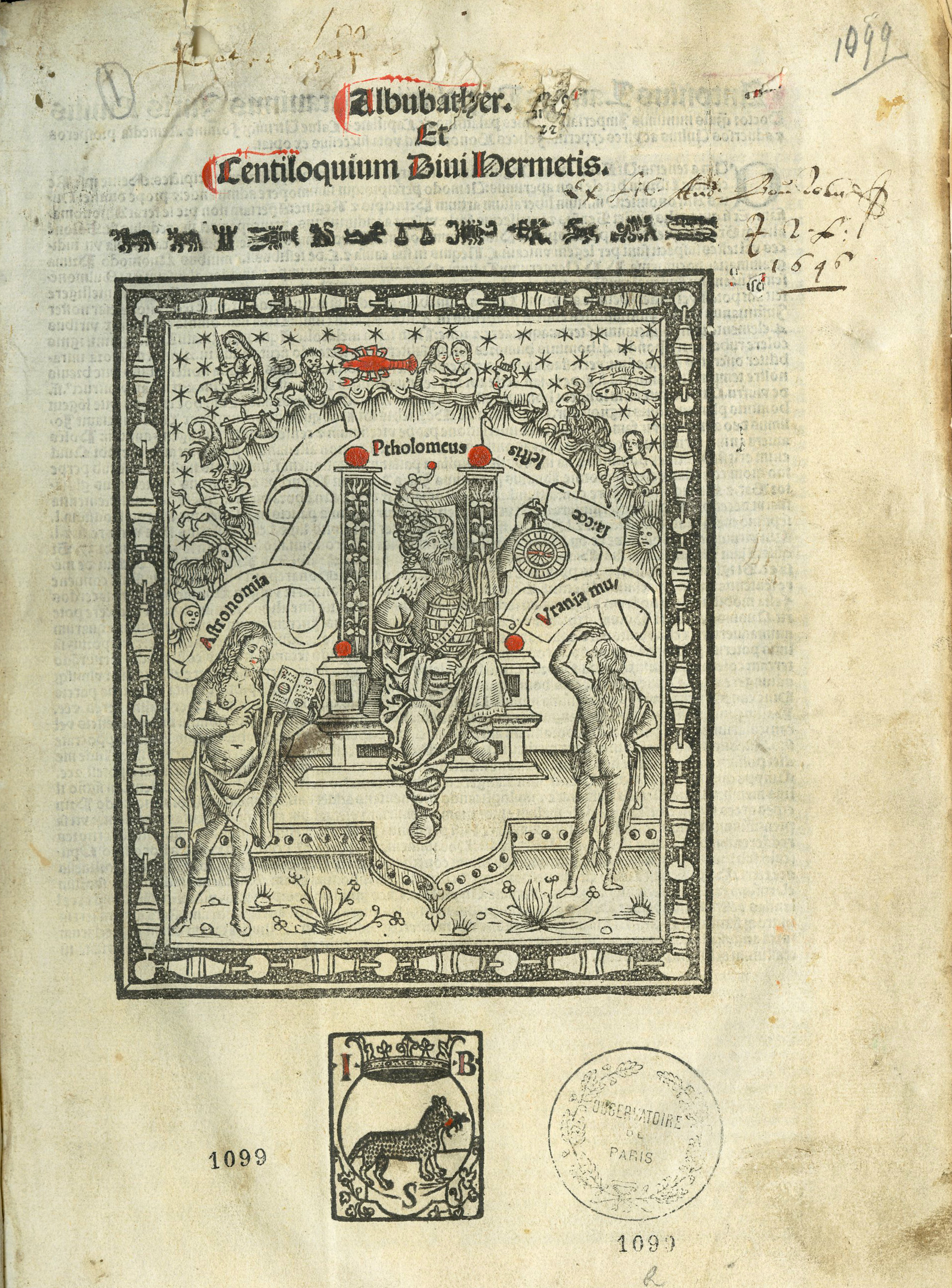 Frontispice du De nativitatibus, Abu Bakr al-Hassan ibn al-Khasib, dit Albubather, 1501, cote 1099(1) 