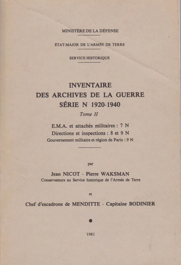 Couverture de l’Inventaire des archives de la guerre, série N 1920-1940, tome II