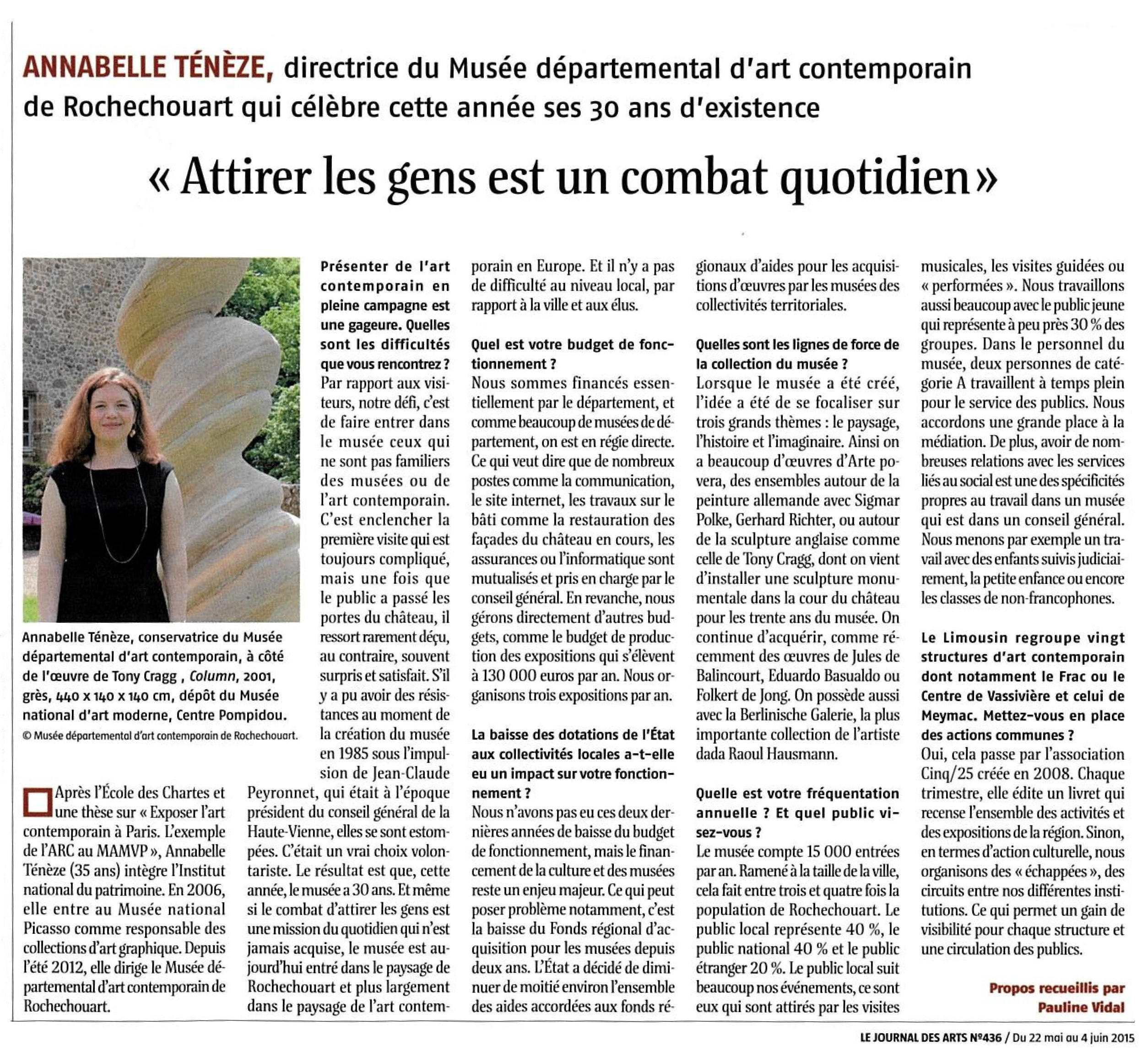 Annabelle Ténèze dans le Journal des Arts du 22 mai 2015 