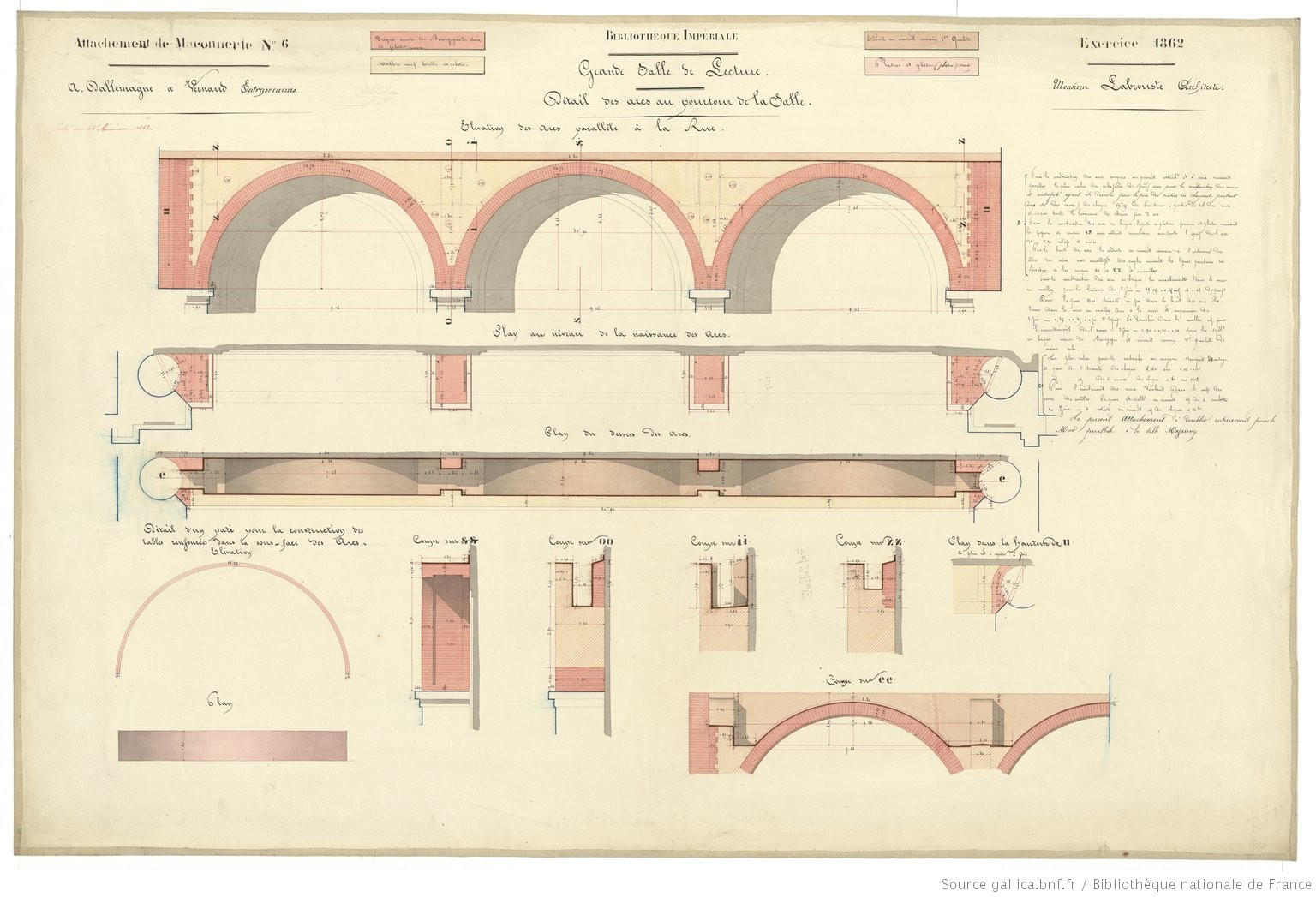 Bibliothèque impériale, salle de lecture des imprimés (attachement de maçonnerie, 1862), source : Gallica
