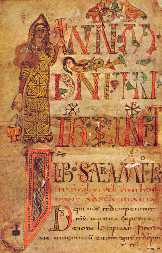 Vierge portant une croix et un encensoir. Sacramentaire de Gellone. Meaux (?) Fin du VIIIᵉ siècle. Paris, Bibliothèque Nationale, Lat. 12048. F° 1v