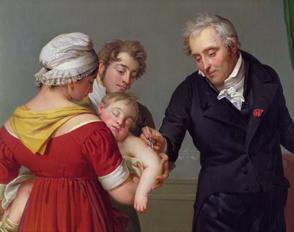 Le baron Jean-Louis Alibert (1768-1837) effectuant la vaccination contre la variole au château de Liancourt, La vaccine, par Constant-Joseph Desbordes (v. 1820) (détail)