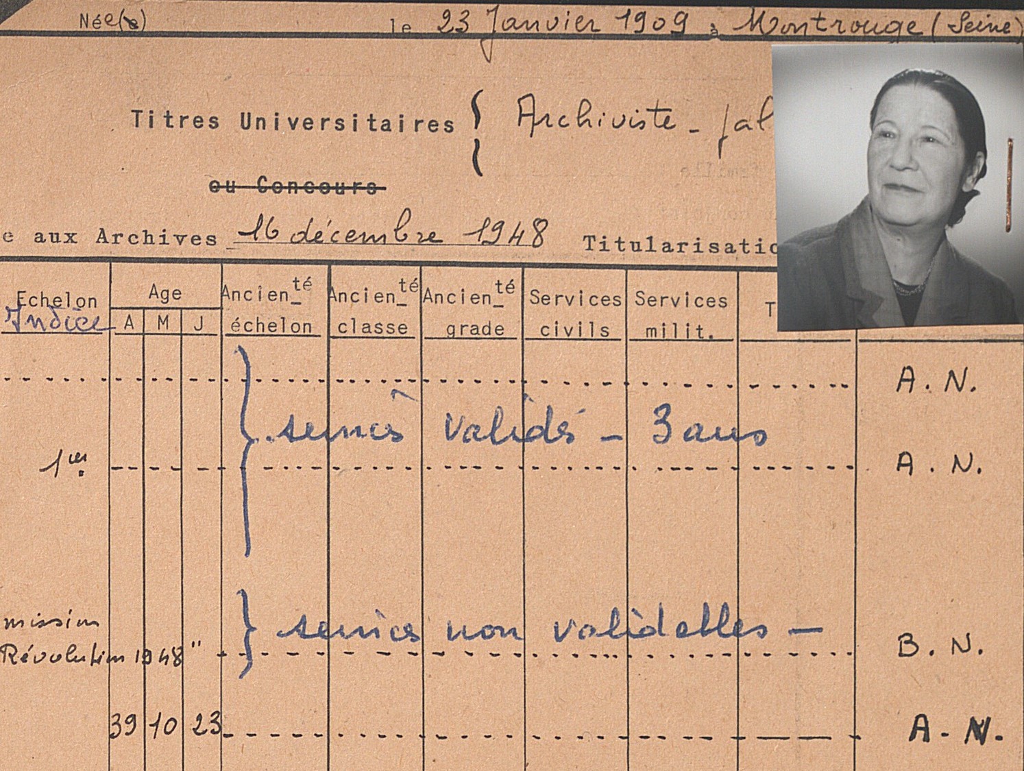 Fiche récapitulative de la carrière d’Édith Thomas (détail) 