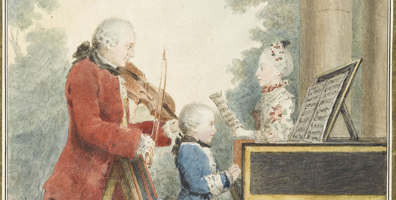 « Petit portrait de famille » (détail) par Louis Carrogis de Carmontelle en 1764, réalisé à Paris lors de la tournée européenne de Nannerl, Wolfgang et Leopold Mozart en Allemagne, Belgique, France, Angleterre, Pays-Bas, entre 1763 et 1766.