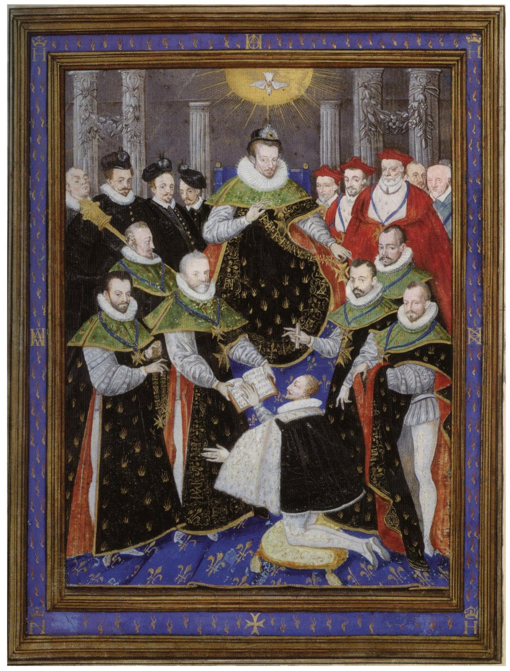 Guillaume Richardière (d'après Antoine Caron), Henri III présidant la première cérémonie de l'ordre du Saint Esprit, 1587. 261 cm x 194 cm, enluminure, Musée Condé (Chantilly) 