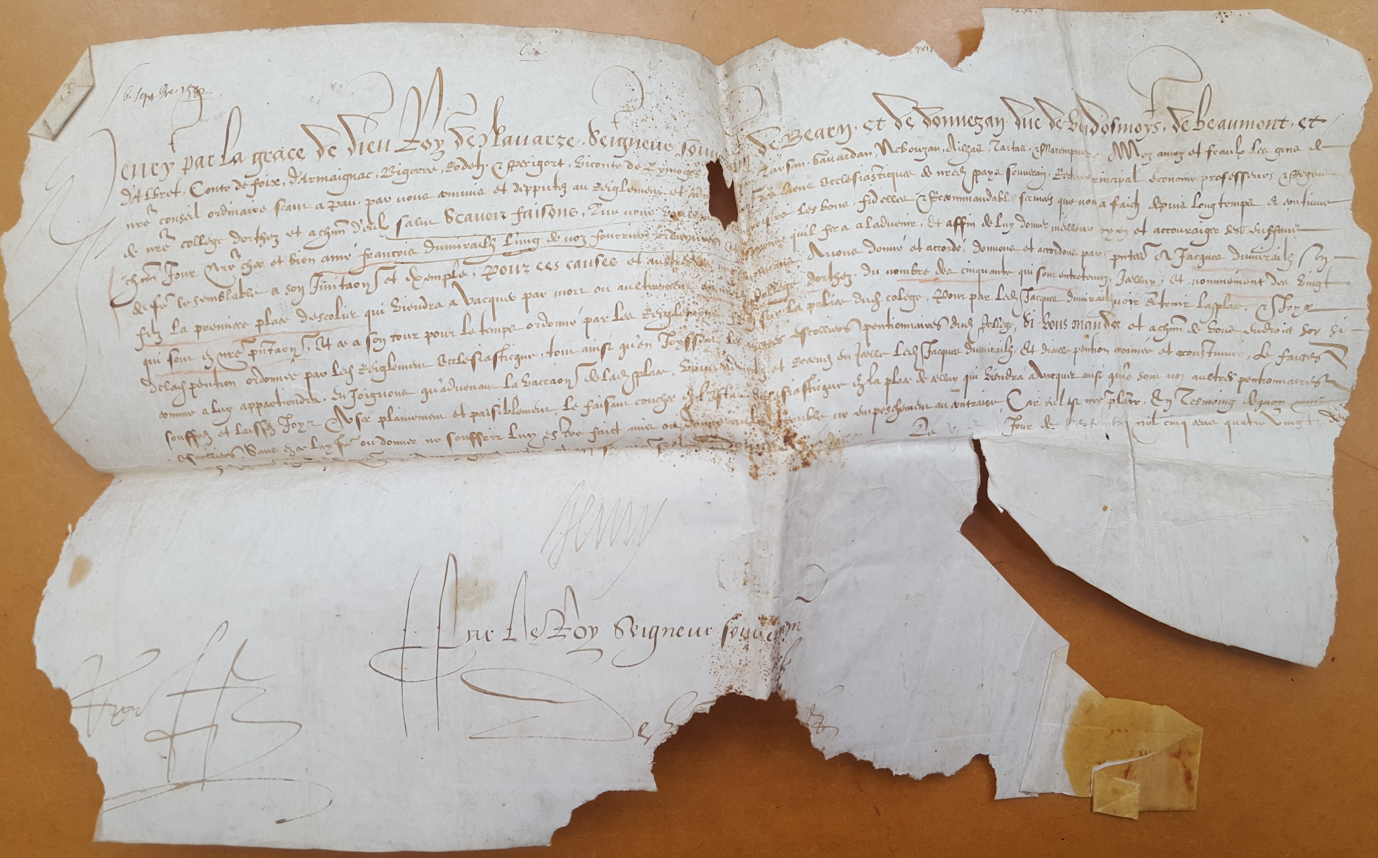Lettres patentes d’Henri de Bourbon, roi de Navarre, seigneur souverain de Béarn, accordant à Jacques Dumirailh une place d’écolier pensionnaire au collège d’Orthez, Pau, 6 septembre 1582 