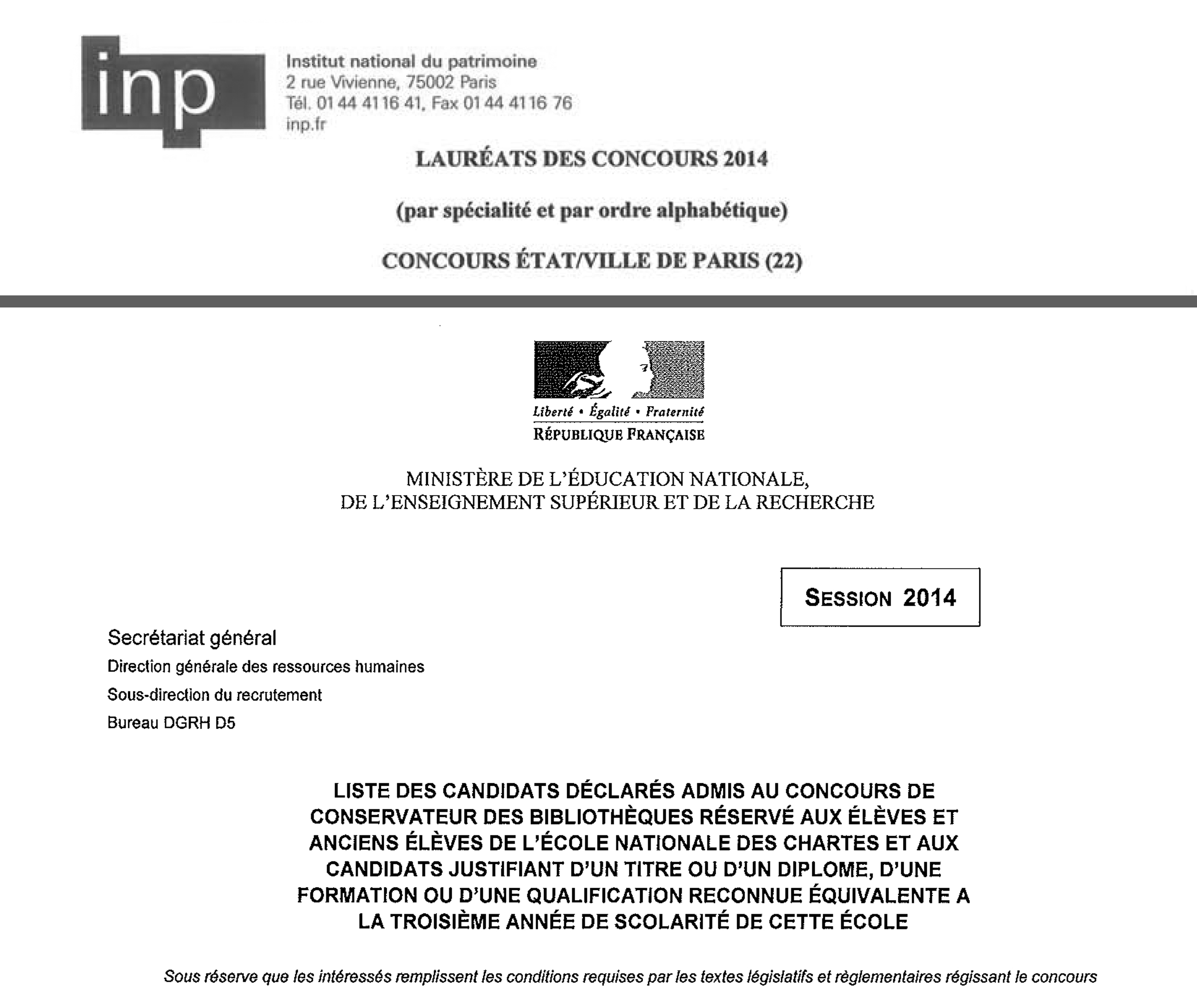 Liste des lauréats Inp et Enssib