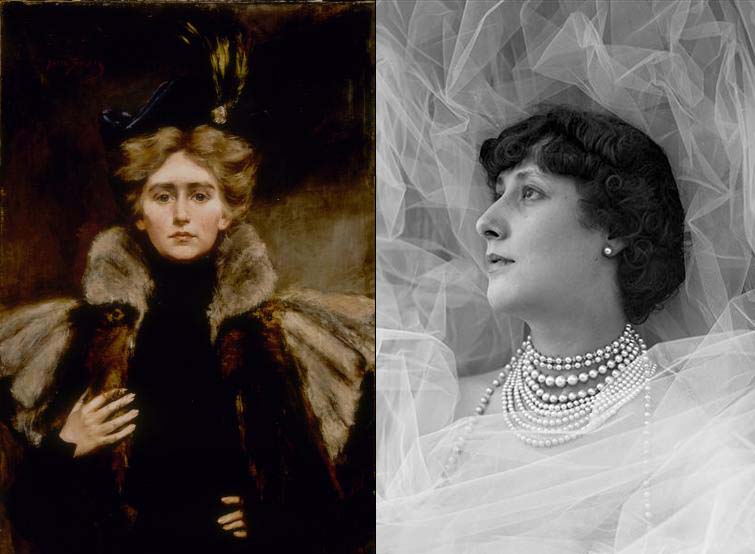 À gauche, Natalie in Fur Cape, huile sur toile d’Alice Pike Barney (1897). À droite, photographie de Liane de Pougy, par l’Atelier de Nadar (1895)
