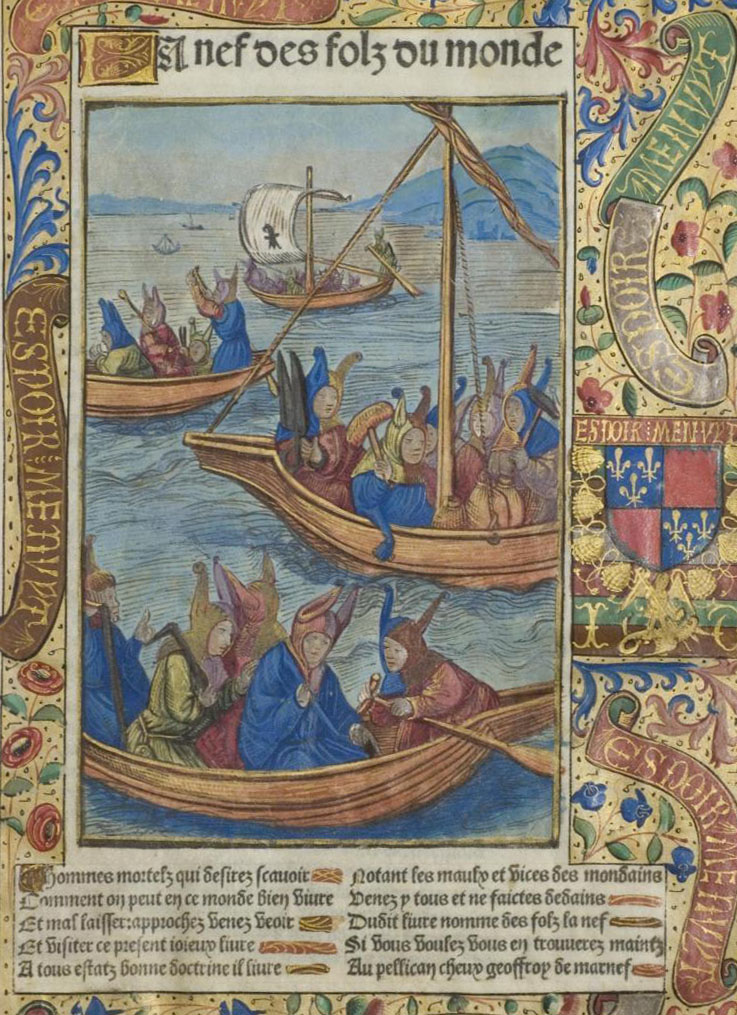 Sébastien Brant, La Nef des fols du monde, traduction de Pierre Rivière, Paris, Geoffroy de Marnef et Johann Philippi, 1497. 2°. Exemplaire enluminé par Vérard et sur parchemin réglé 