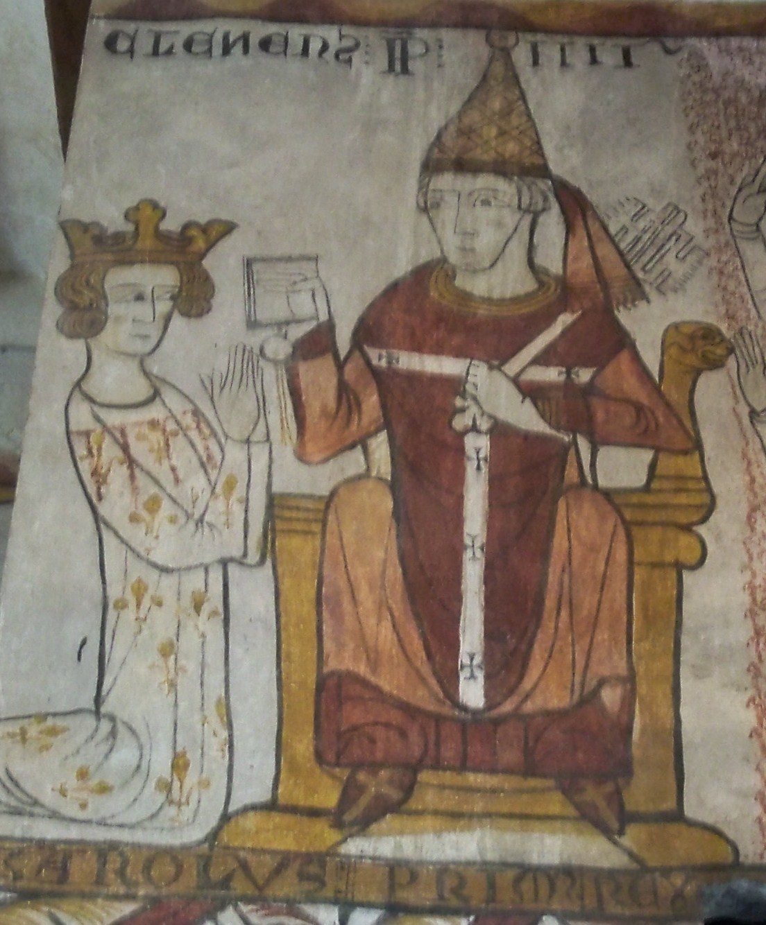 « Investiture du royaume de Naples à Charles d'Anjou, comte de Provence, par le pape Clément IV ». Peinture murale, fin XIIIᵉ siècle, Pernes (Vaucluse), tour Ferrande 