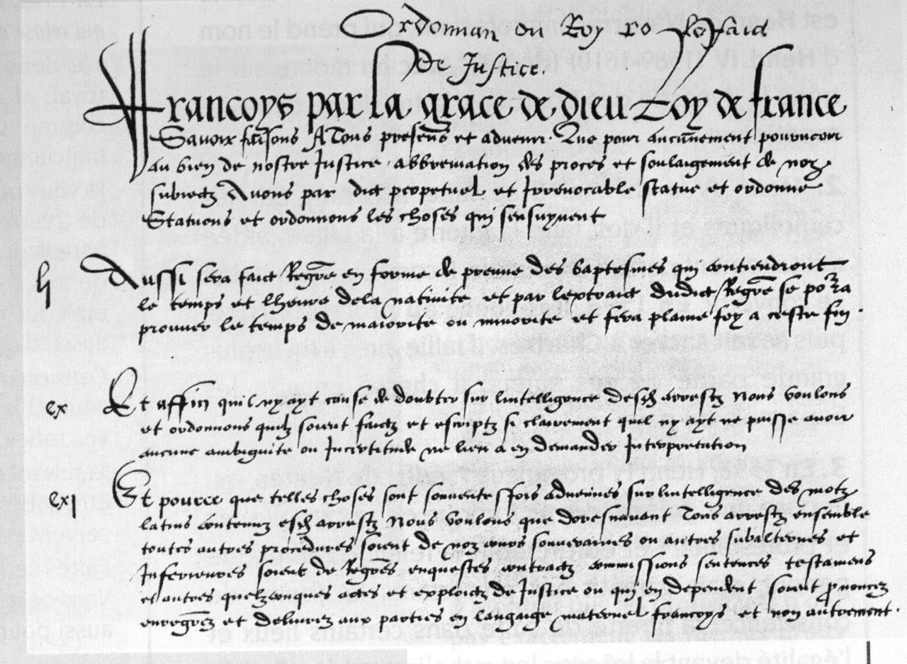 Copie du préambule et des articles toujours appliqués de l'ordonnance de Villers-Cotterêts 