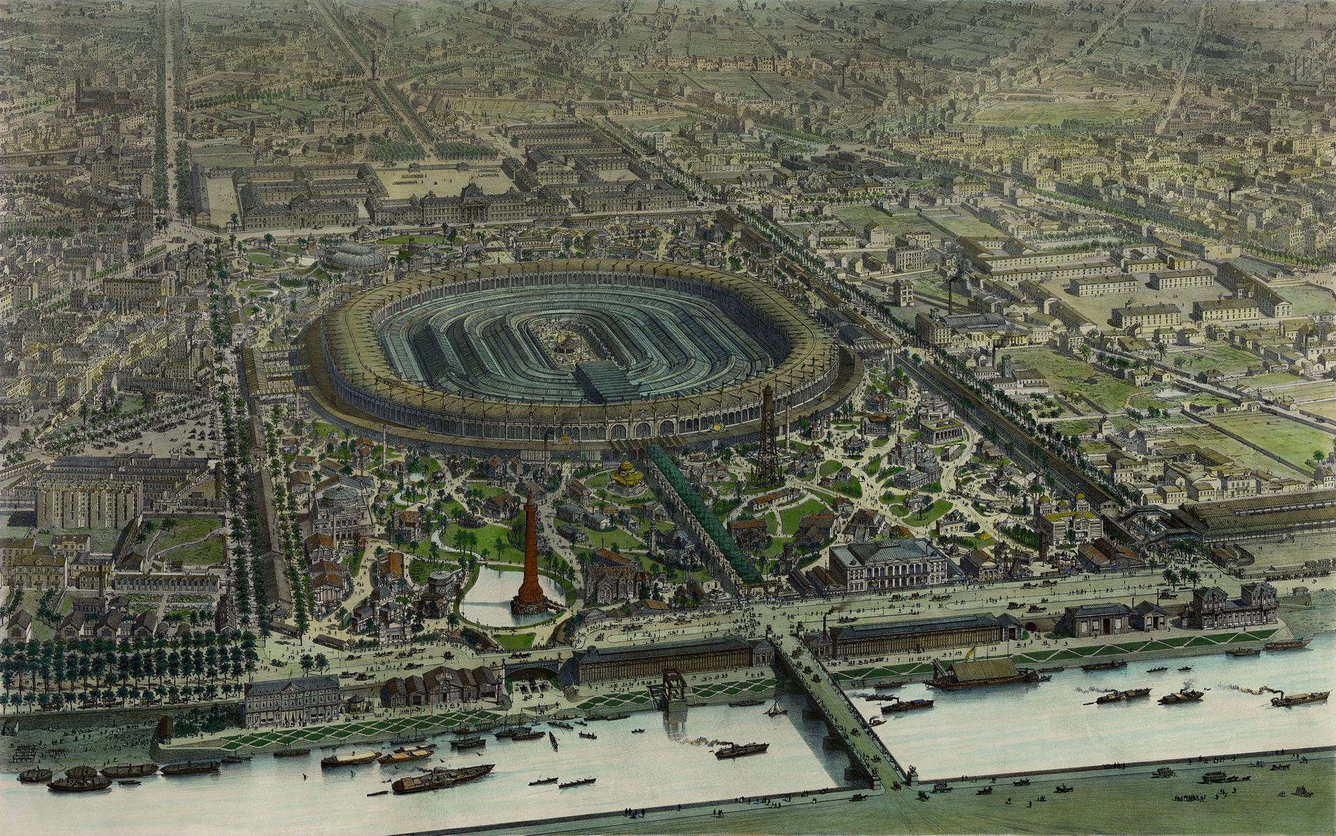 Vue officielle a vol d'oiseau de l'exposition universelle de 1867, par Eugène Cicéri (1813–1890) et Philippe Benoist (1813–1905)
