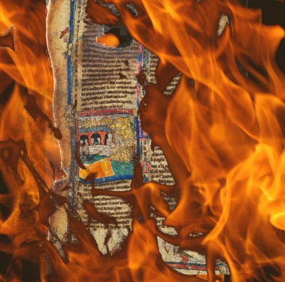 Image décorative : montage d'un manuscrit pris dans les flammes