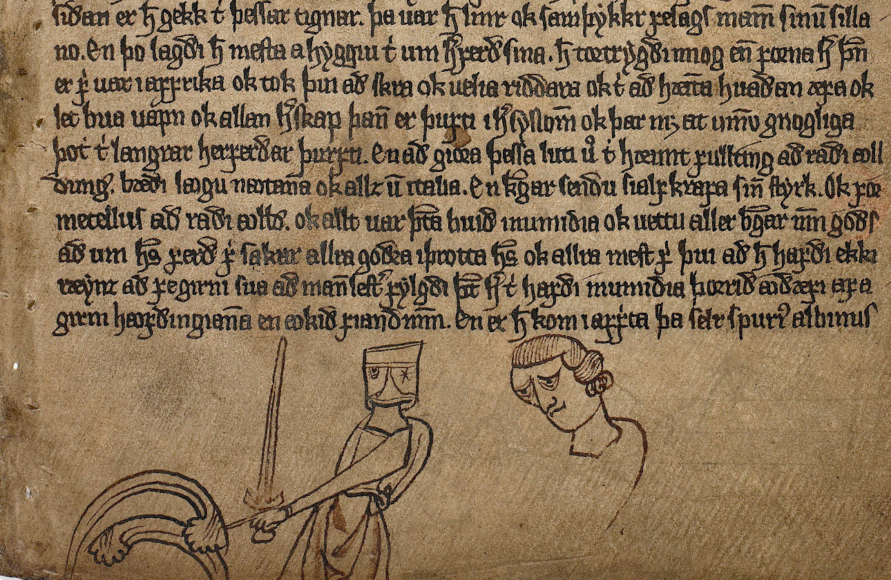 Image décorative : un chevalier avec une épée dans la marge d'un manuscrit islandais AM 595 a-b 4to, conservé à Den Arnamagnæanske Samlingin Copenhague © Photo Suzanne Reitz