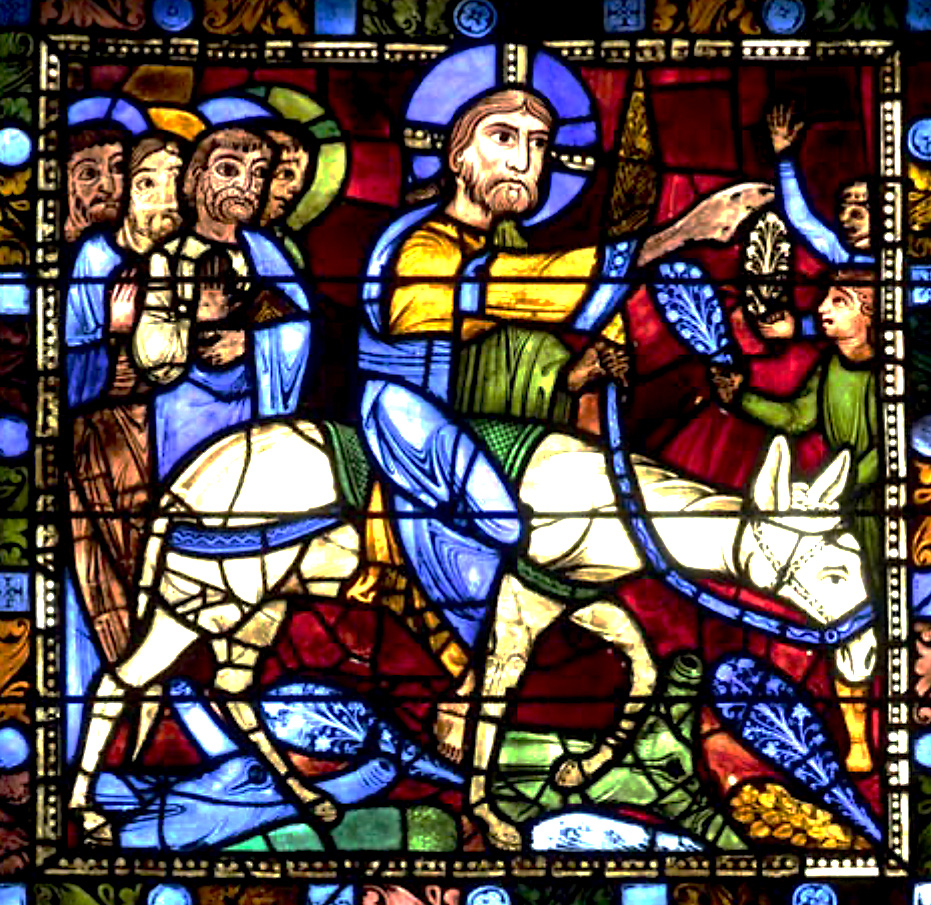 Image décorative : entrée du Christ à Jérusalem. Vitrail de la cathédrale de Chartres, baie 50 (vers 1215). Cliché F. Garnier/IRHT