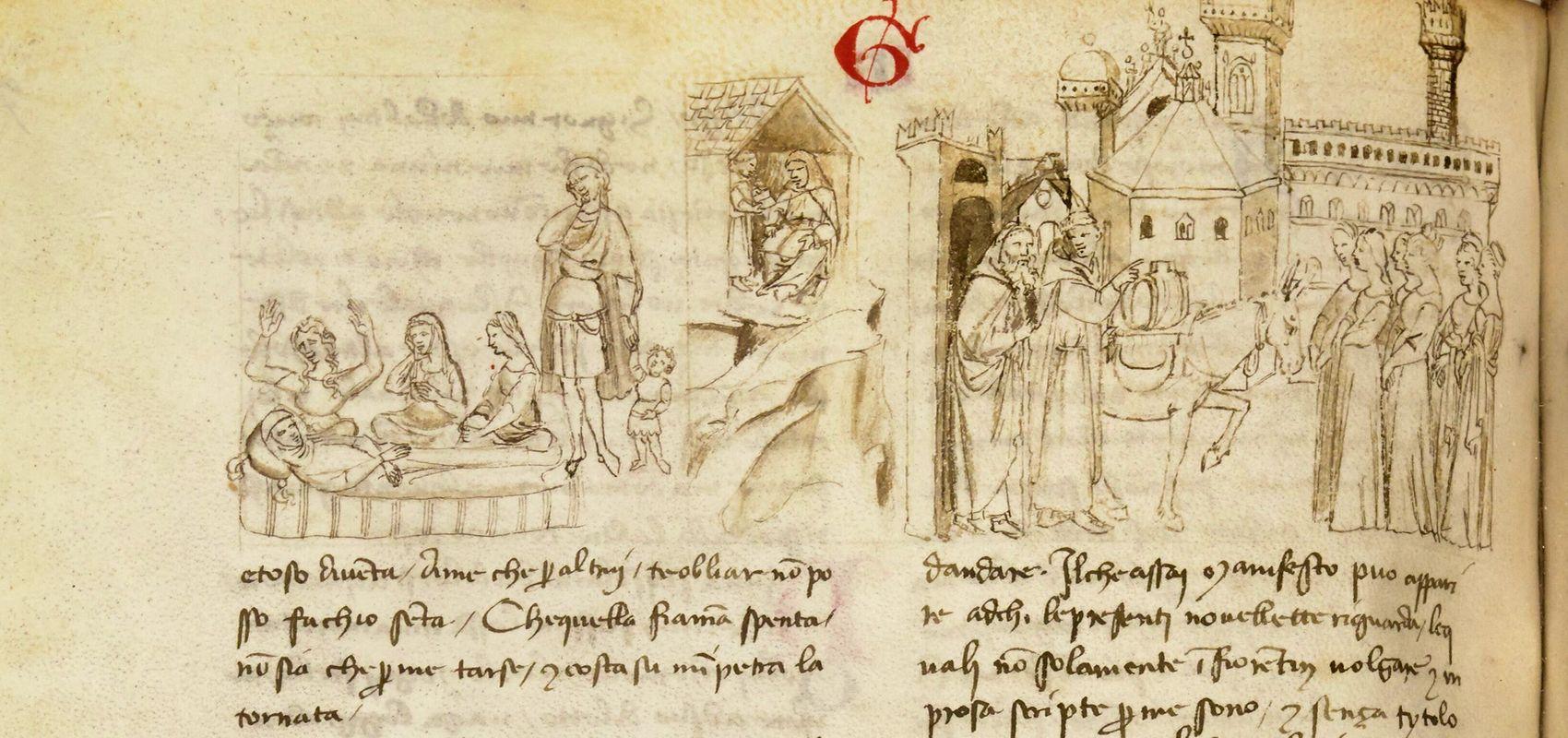 Image décorative : Giovanni Boccaccio, Décameron – Incipit de la quatrième journée avec une vue des principaux monuments de la ville de Florence (Baptistère et Palazzo vecchio) - 1360-1370 - BnF, département des Manuscrits. italien 482