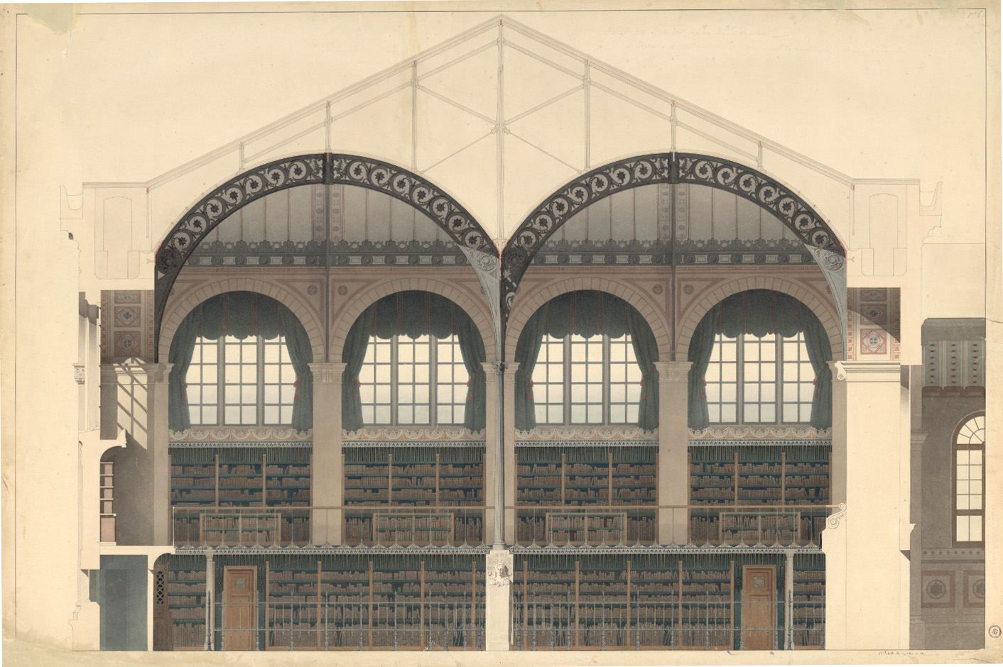 Image décorative : "Salle de lecture de la bibliothèque Sainte-Geneviève : élévation intérieure de la face ouest". Dessin aquarellé. Fin 1850