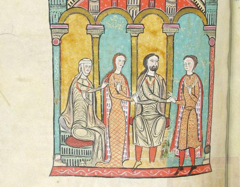 Image décorative : Bernard Aton IV et Cécile, vicomte et vicomtesse, marient leur fille Ermengarde Trencavella à Gausfred, comte de Roussillon (1110) ; Liber feudorum major, cartulaire des comtes de Barcelone, fin XIIe-début XIIIe siècle - Portail des archives espagnoles (PARES), fol. 78v
