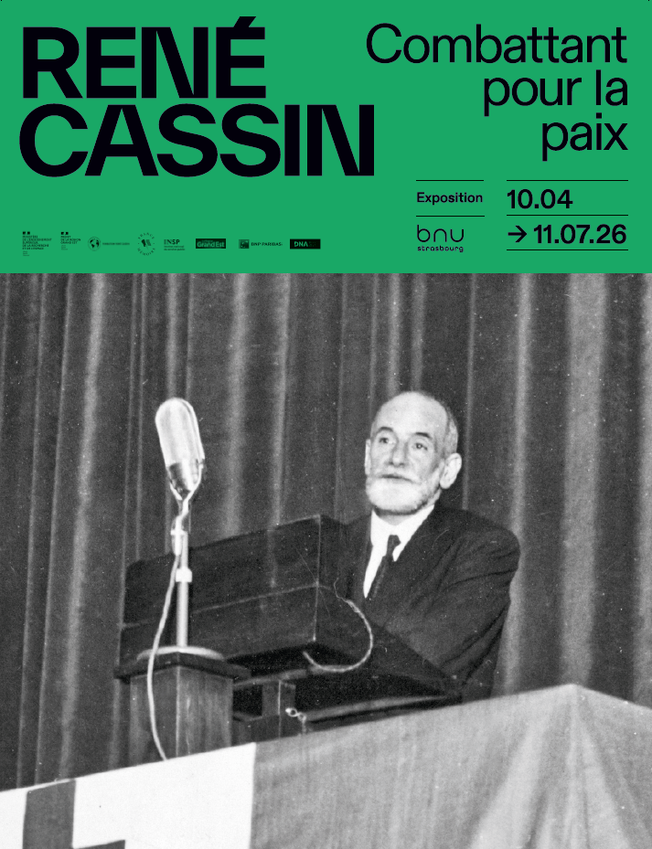 Affiche de l'exposition de la Bnu / Discours de René Cassin au Caire 27/01/1942, musée de l'Ordre de la Libération / graphisme : Hugues François-Brokism