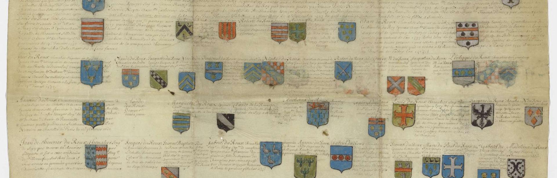 Généalogie armoriée des familles de La Motte et Du Roux, dressé au début du XVIIe siècle et remontant au XIVe siècle © Archives nationales, MC/RS//836