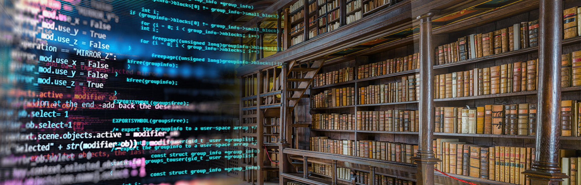 Image décorative : montage basé sur une photo de la bibliothèque Duke Humfrey & lignes de code informatique
