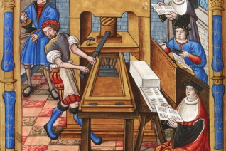 Atelier d'imprimerie (BnF, ms. Français, 1537) Chants royaux sur la Conception couronnés au Puy de Rouen, Étienne Collaud, 1530