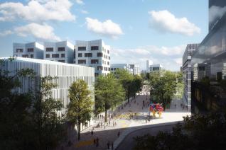 Vue rue Waldeck Rochet sud (portion piétonne) de la place du Front populaire vers le nord 