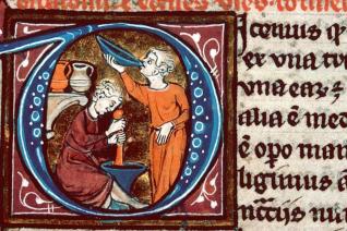Avicenne et ses élèves, détail d’une enluminure du Canon medicinae d’Avicenne (Bibliothèque municipale de Besançon - ms. 0457 - f. 051)