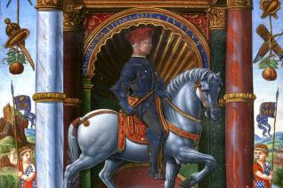 Portrait équestre du condottiere Muzio Attendolo Sforza, dans "Vita di Muzio Attendolo Sforza" ("Vie de Muzio Attendolo Sforza"), Antonio Minuti, Milan (détail) - Milan,1491