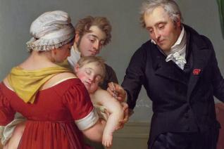 Le baron Jean-Louis Alibert (1768-1837) effectuant la vaccination contre la variole au château de Liancourt, La vaccine, par Constant-Joseph Desbordes (v. 1820) (détail)