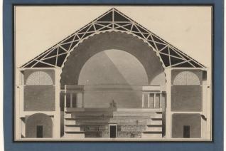 Coupe sur la largeur de la Bibliothèque Nationale, seconde variante : [projet n° 9] : [planche n° 43] , Étienne-Louis Boullée (1728-1799) : de l'architecture classique à l'architecture révolutionnaire, Jean-Marie Pérouse de Montclos, 1969, BnF