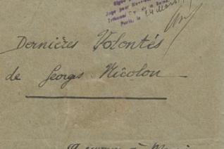 Enveloppe du testament de Georges-François-Marie-Auguste Nicolon, mort pour la France le 10 février 1917 (Archives nationales, MC/ET/LIX/1094, minute du 24 mars 1917)