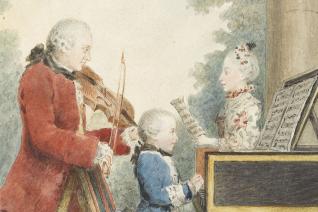 « Petit portrait de famille » (détail) par Louis Carrogis de Carmontelle en 1764, réalisé à Paris lors de la tournée européenne de Nannerl, Wolfgang et Leopold Mozart en Allemagne, Belgique, France, Angleterre, Pays-Bas, entre 1763 et 1766.