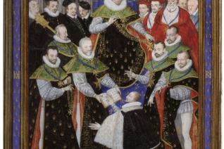 Guillaume Richardière (d'après Antoine Caron), Henri III présidant la première cérémonie de l'ordre du Saint Esprit, 1587. 261 cm x 194 cm, enluminure, Musée Condé (Chantilly) 