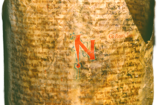 Fragment du Strengleikar réutilisé pour garnir une mitre d'évêque (Copenhague, Danemark, Arnamagnæanske Samling, AM 666 b 4to)