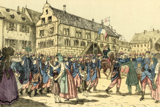 L’entrée des Français en Alsace, défilé des régiments français devant l’hôtel de Ville de Mulhouse, affiche de guerre (Archives départementales du Territoire de Belfort, 11 Fi 10.9/28)