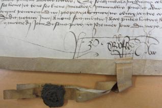 Seing de Pierre Christofle sur un document portant le sceau de la prévôté d’Orléans (ADL, H Dépôt2, 1B54, 1ᵉʳ août 1442)