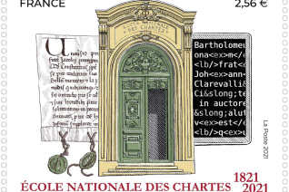 Timbre émis à l’occasion du bicentenaire de l’École © Timbre (taille-douce) : création et gravure Christophe Laborde-Balen d’après photo charte © Archives départementales de la Côte-d’Or / F.Petot / PS 2518, encodage de la charte © Ademec / Alix Chagué (2020), porte de la Sorbonne