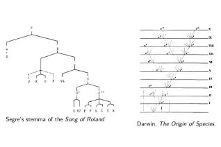 Stemma de la Chanson de Roland, selon Cesare Segre (1971) ; et arbre phylogénétique, tiré de Charles Darwin, "On The Origin of Species" (1859)