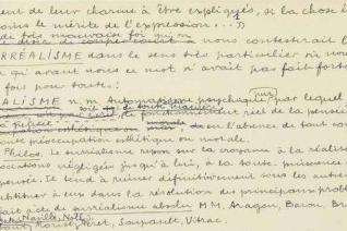 Image décorative : c'est dans le feuillet 11 de son manuscrit que Breton donne sa définition du surréalisme, en citant tous les membres actifs du mouvement dont Éluard et Aragon. - André Breton / Gallica - BnF