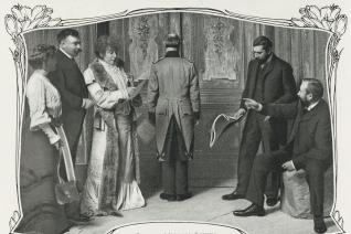 Image décorative : pendant les répétitions de Varennes, 1904, dans Femina, 15 avril 1904. De gauche à droite : une comédienne, Gustave Lenotre, Sarah Bernhardt, un soldat de dos, un homme non identifié, Henri Lavedan. BnF - ASP 