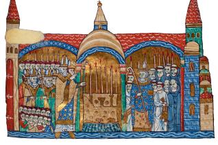 Image décorative : consécration de l'autel majeur de Cluny (Paris, BnF, Latin 17716 f.91)